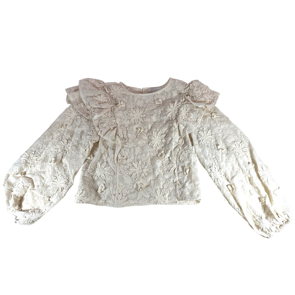 House of Harlow 1960 Cream Floral Embroidered Ruffle Balloon Sleeve Blouse M